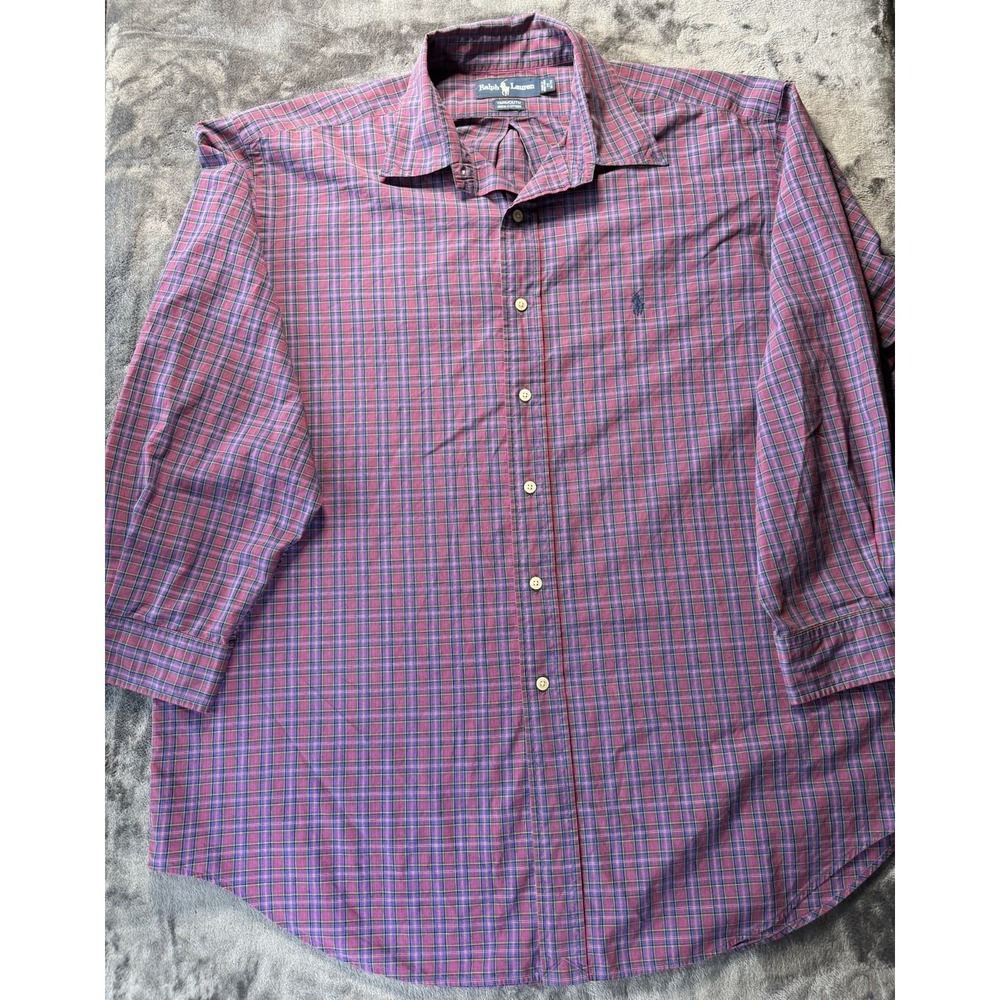 Ralph Lauren Yarmouth Men Red Tartan Plaid Dress Shirt Button Down Size 17 32/33